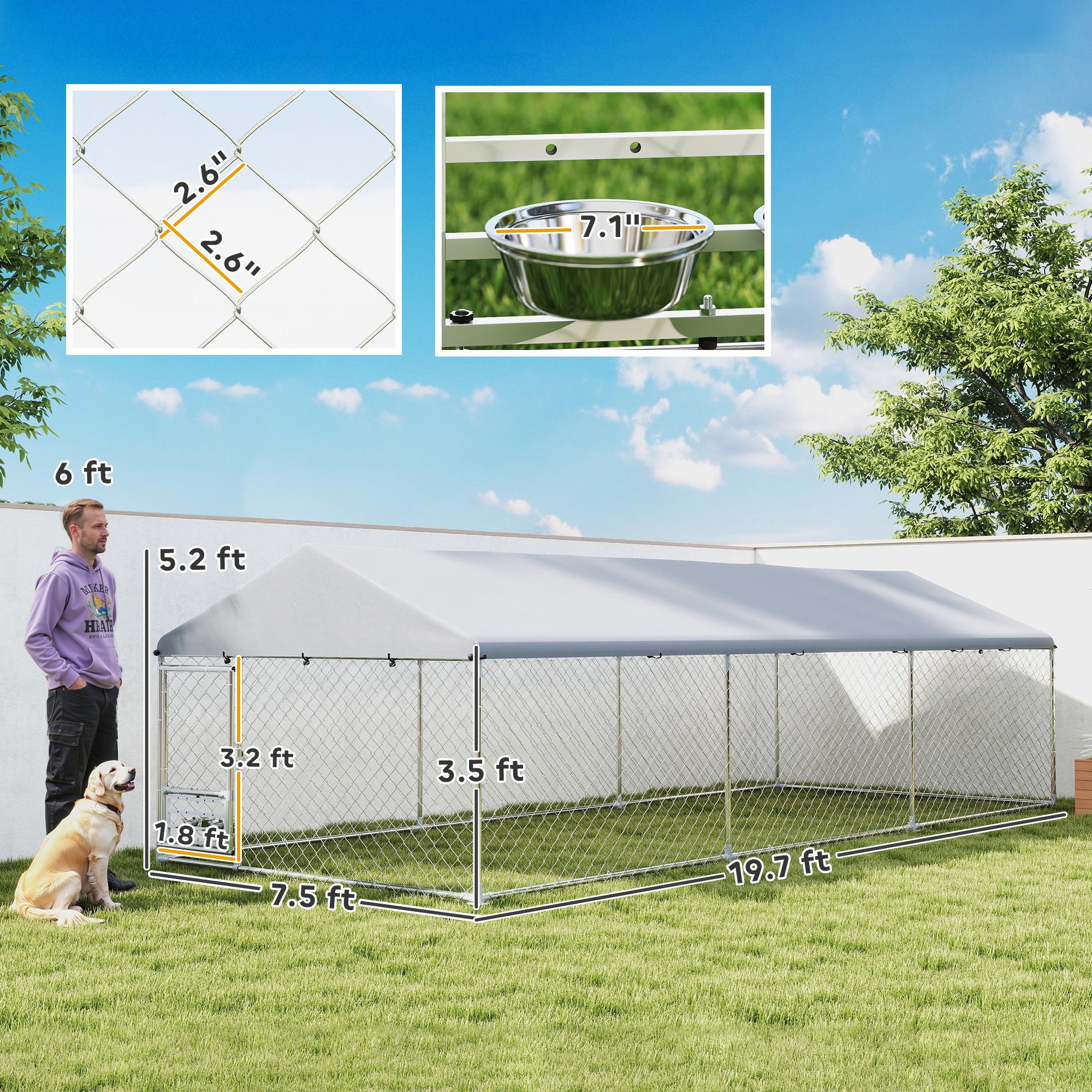 Outdoor Dog Kennel With Adjustable & Rotatable Bowl Rack, Waterproof Cover, Secure Lock, 19.7 X 7.5 X 5.2